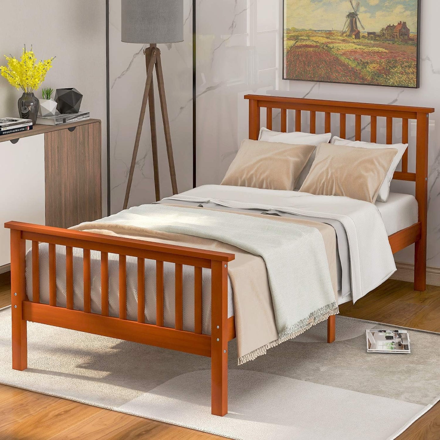 Twin Size Wood Platform Bed with Headboard and Footboard, 100% Pine Wood Frame, Strong Slat Support - Espresso, 80.2”L X 42.9”W X 36.2”H