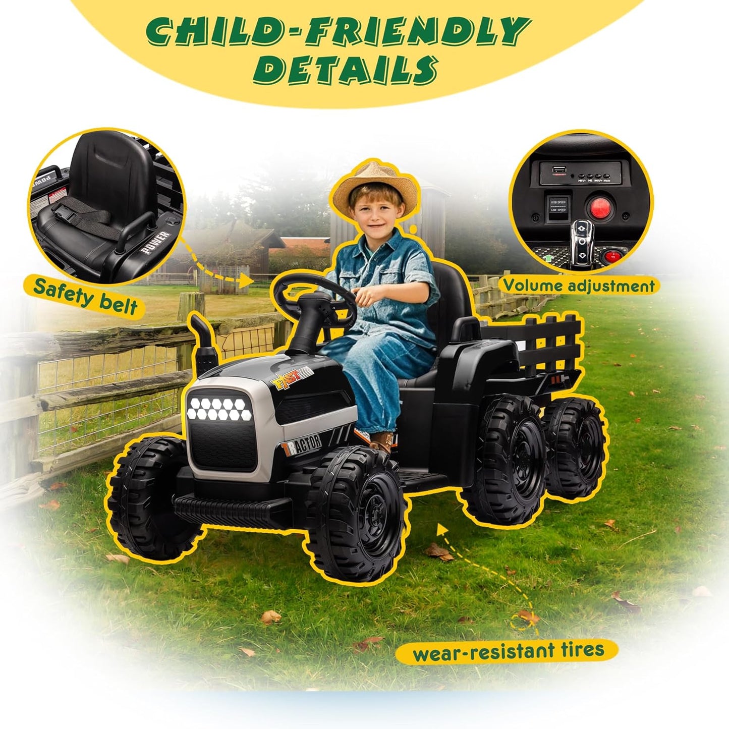 24V Ride On Tractor with Trailer, Ride on Toys for Kids, Dual 200W Motors, 3-Speed, Remote Control, USB/MP3/Bluetooth, LED Lights, Safety Belt, 1.86-4.97 MPH