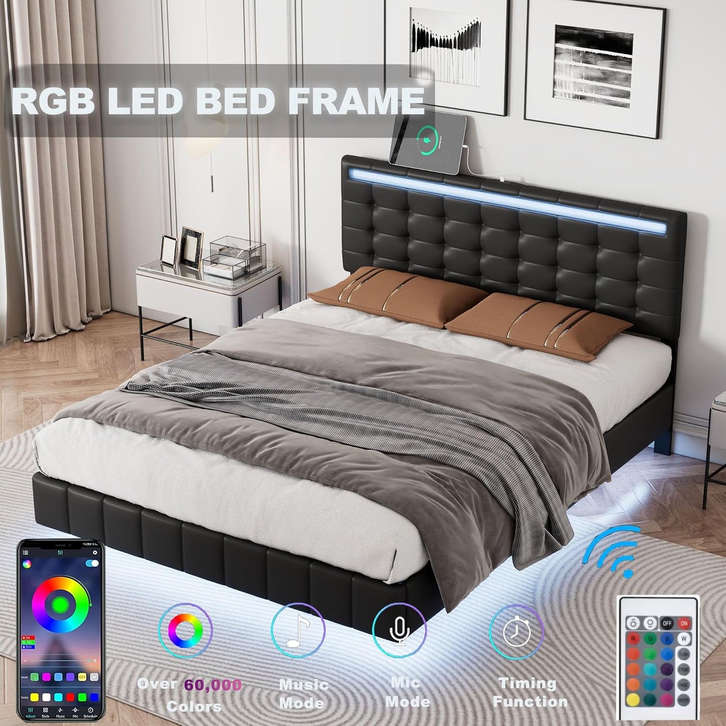 Queen Size Floating Lights and USB Charging,Modern Upholstered Platform LED Bed Frame,Black, Black2