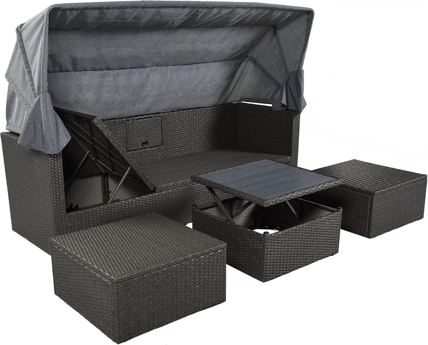 Outdoor Patio Set Daybed Sunbed with Retractable Canopy-Wicker Conversation Furniture, Navy Blue