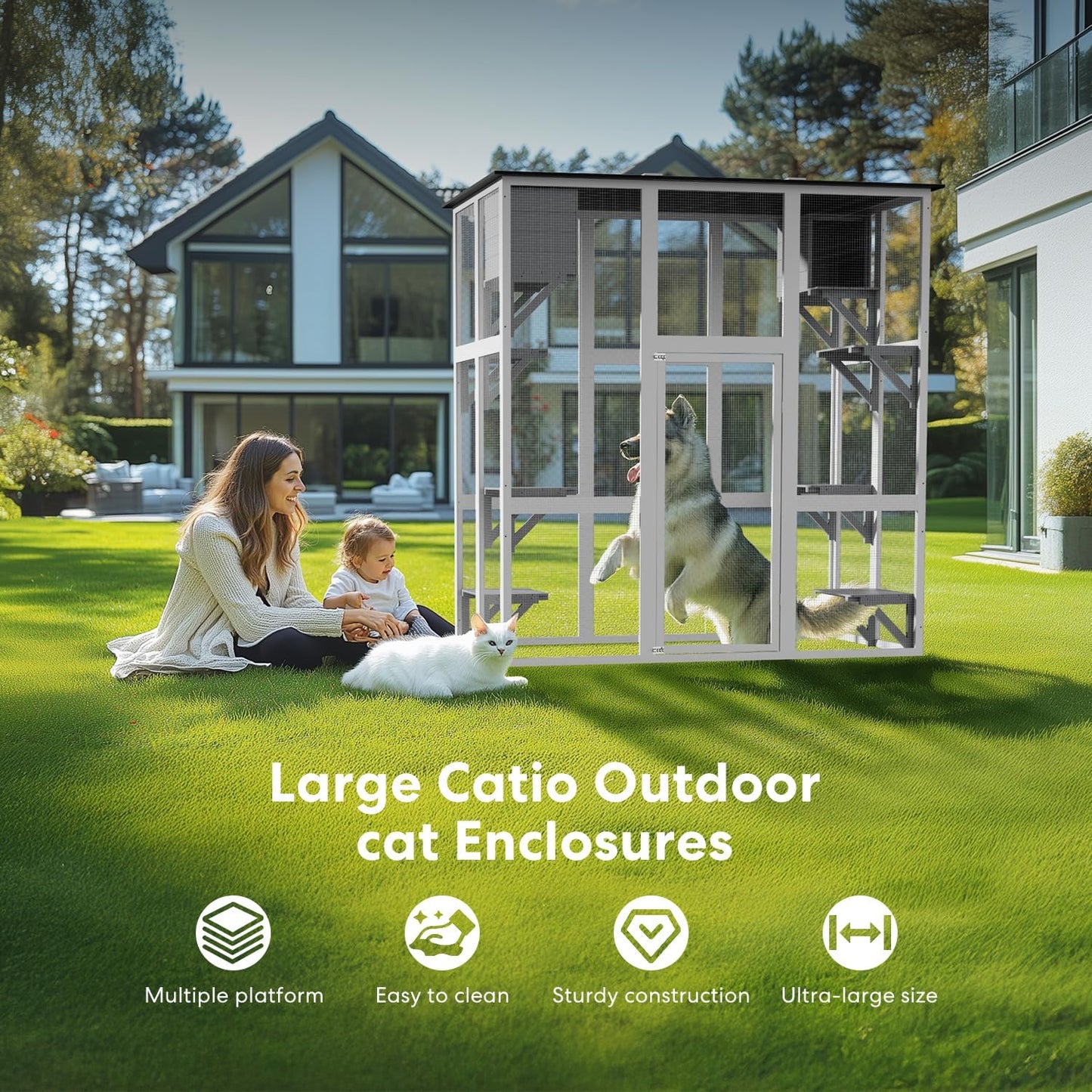 Outdoor Wooden Cat Catio - Large Solid Wood Cat Cage Playpen with 8 Jumping Platforms & 2 Napping Houses, Walk-in Cat Kennel Condo Shelter, White