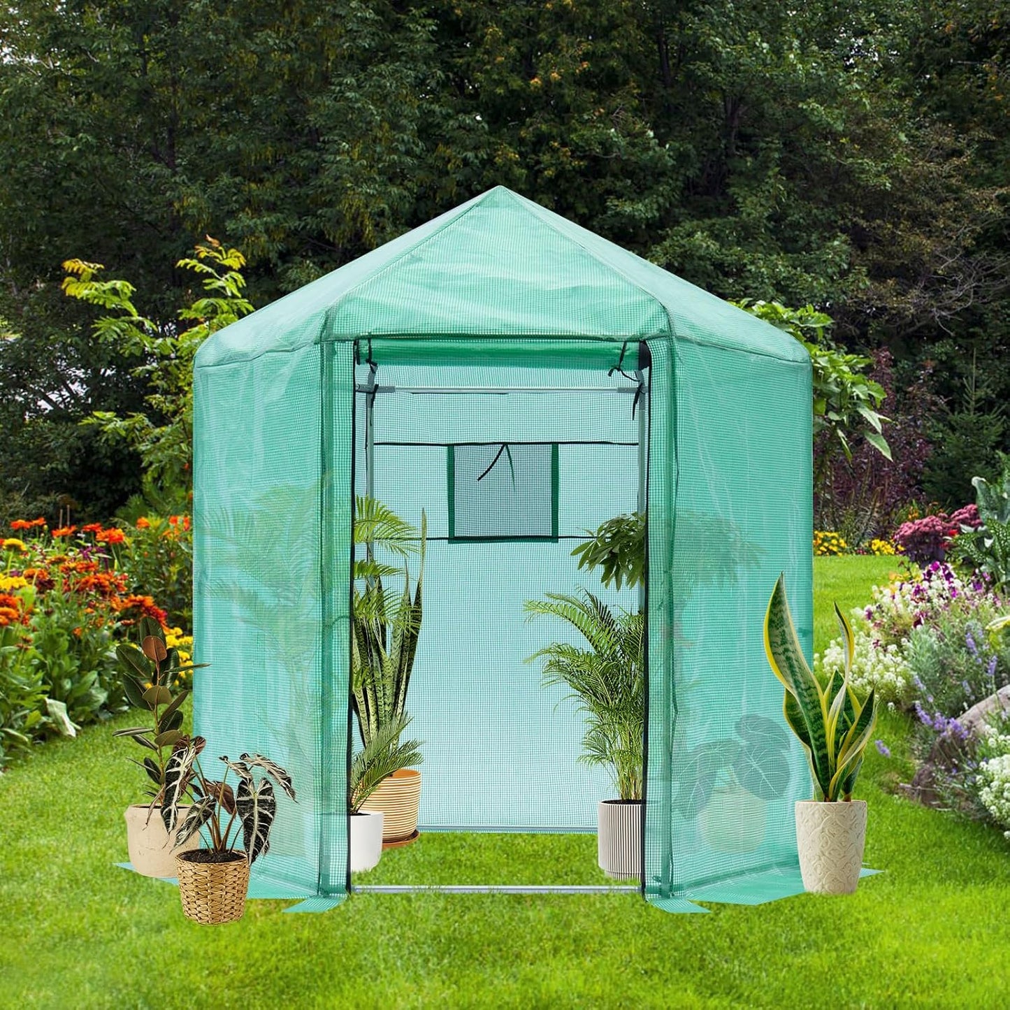 Greenhouse - Walk-in Hexagonal 13.1 * 8.6 ft, Upgraded Reinforced Frame, Heavy-Duty Plastic, Thickened Waterproof & Insulated, Ideal for Extended Growing Seasons