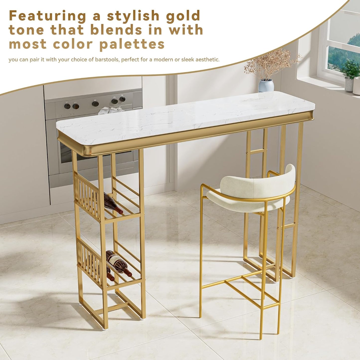 Straight Shelves Modern Golden Double Pedestal-Multifunctional Breakfast Table for Kitchen, Dining, Pub, and High Top Bar Areas, 55.1 inch, White+Gold