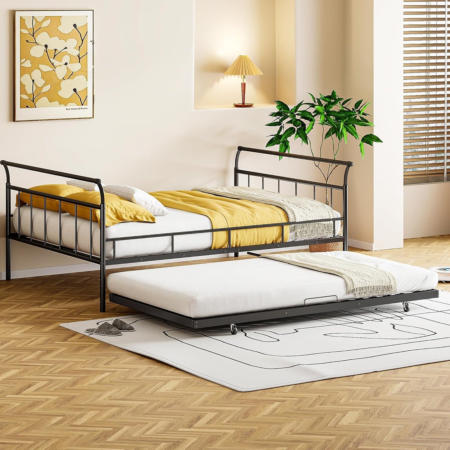 Full Size Metal Daybed - White, Elegant Curved Handle Design, Includes Convenient Pull-Out Twin Trundle