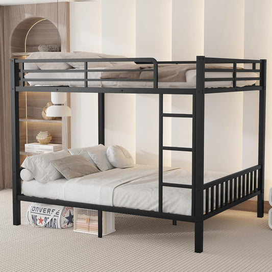 Queen Over Queen Metal Bunk Bed, Heavy Duty Bunk Bed Frame w/Ladder, Full-Length Guardrails and Slats Support, Queen Bunk Beds for Adults Teens, Black