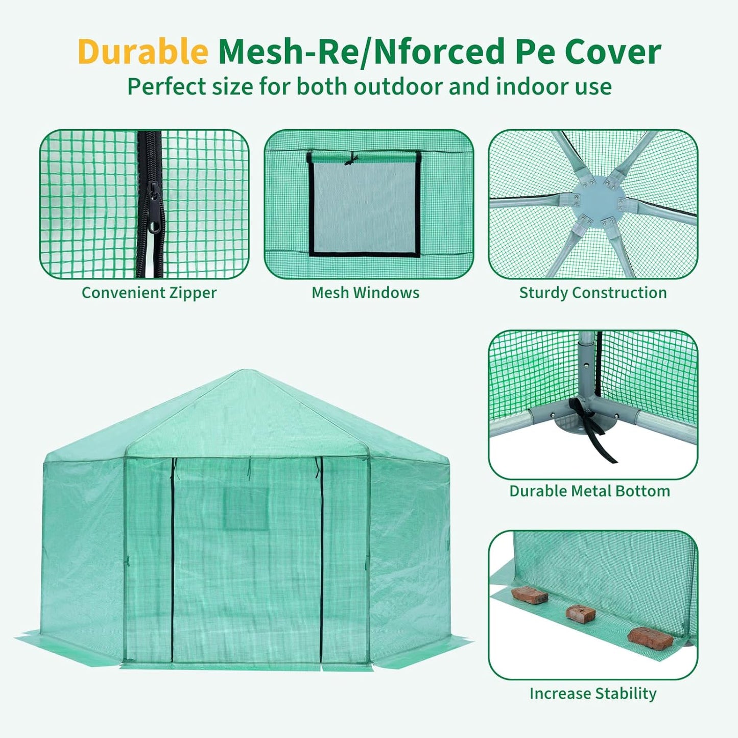 Greenhouse - Walk-in Hexagonal 13.1 * 8.6 ft, Upgraded Reinforced Frame, Heavy-Duty Plastic, Thickened Waterproof & Insulated, Ideal for Extended Growing Seasons