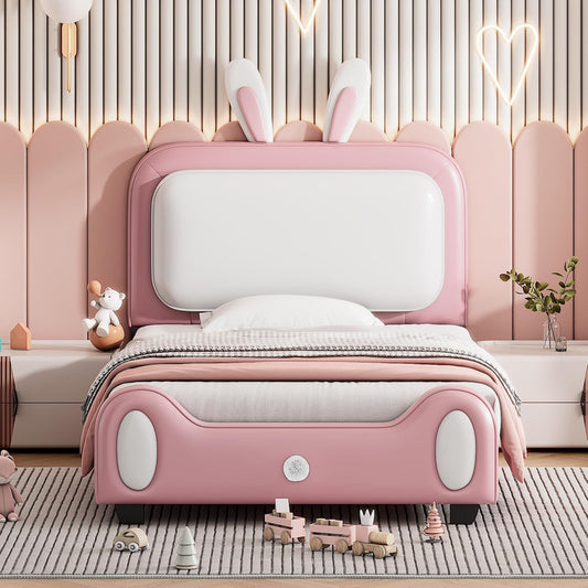 Bed Frame Upholstered Rabbit-Shape Princess Twin Size Platform Bed with Headboard and Footboard, White+Pink - Perfect for Child's Bedroom