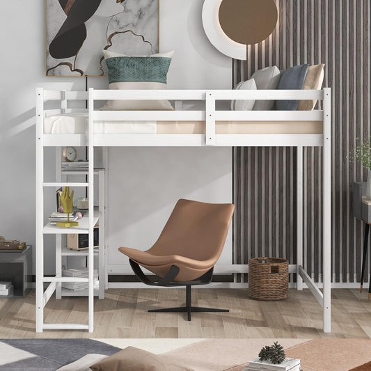 White Full-Size Loft Bed with Integrated Desk and Shelving Units, Space-Saving Design for Home and Dorm Use