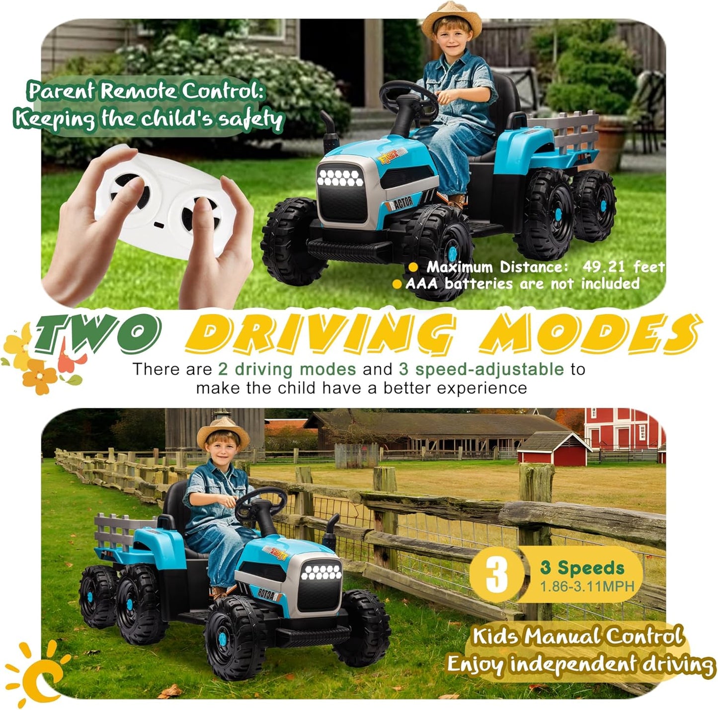 24V Ride On Tractor with Trailer, Ride on Toys for Kids, Dual 200W Motors, 3-Speed, Remote Control, USB/MP3/Bluetooth, LED Lights, Safety Belt, 1.86-4.97 MPH