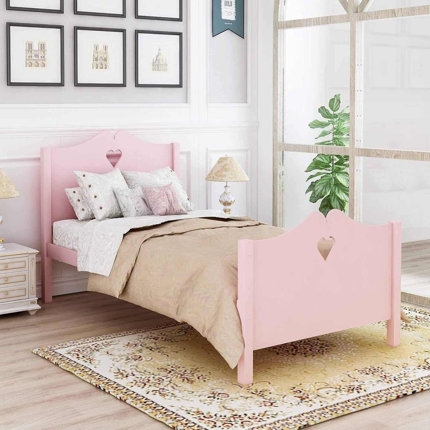 Classic Twin Size Wood Platform Bed with Headboard, Footboard, and Strong Wood Slat Support - Elegant Pink Design, 80”L X 42”W X 43”H