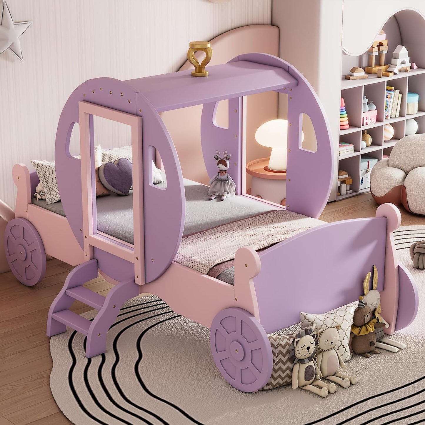 Princess Carriage Bed Frame with Crown, Twin Size Wood Platform Car Bed with Stair, Purple+Pink - Ideal Child's Bed