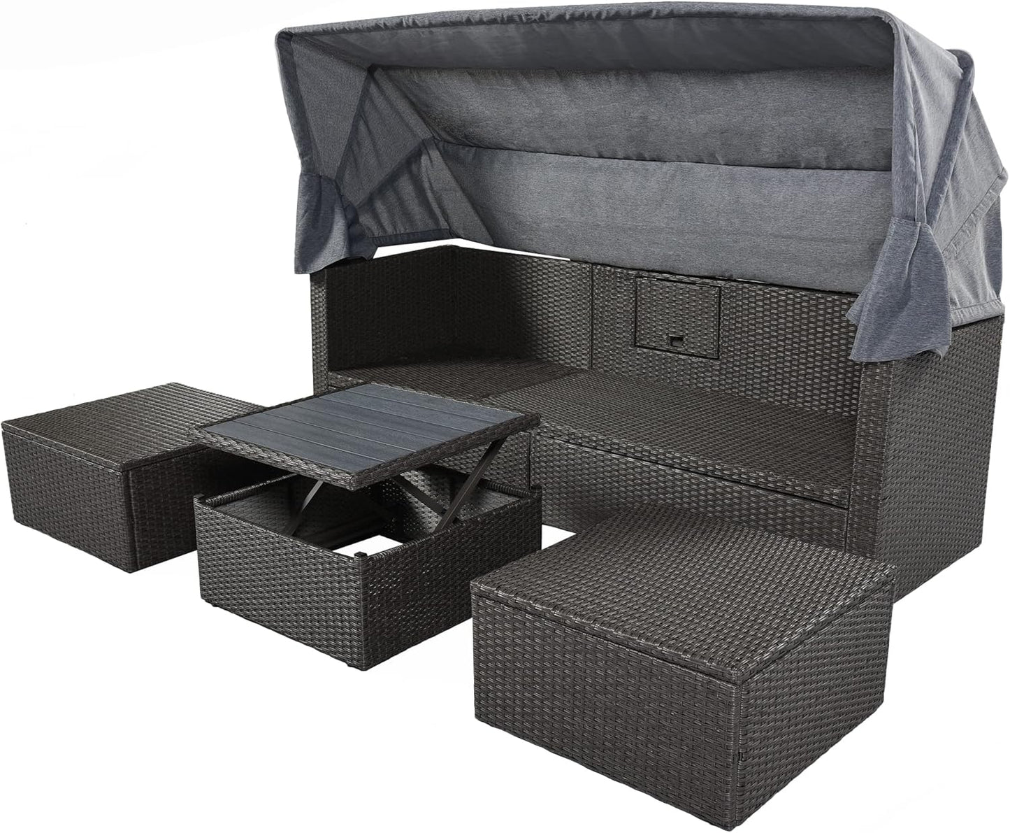 Outdoor Patio Set Daybed Sunbed with Retractable Canopy-Wicker Conversation Furniture, Navy Blue