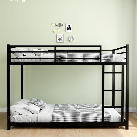 Metal Twin Over Twin Bunk Bed, Heavy-Duty Sturdy Low Bunk Beds Frame with Safety Guardrail and Ladder for Kids Teens Adult, No Box Spring Needed, Black