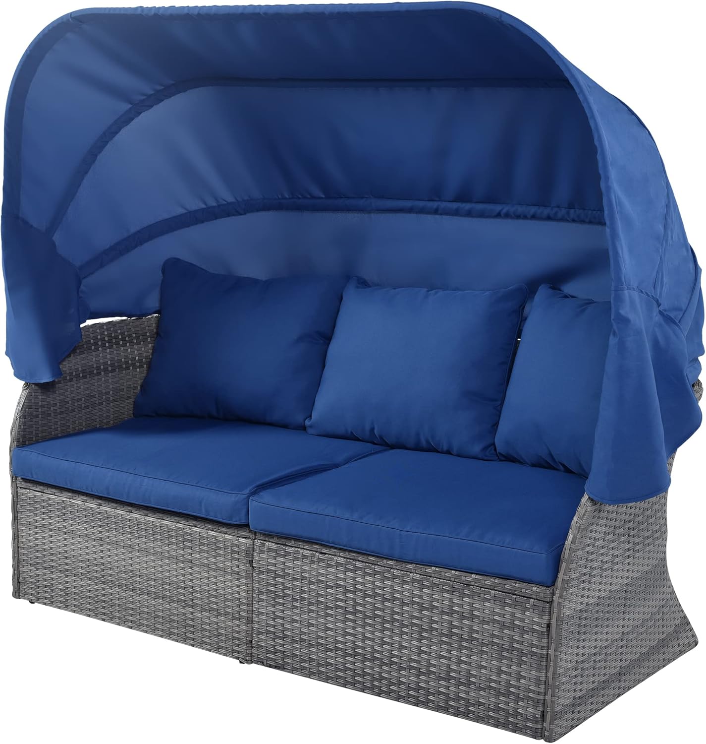 Outdoor Patio Set Daybed Sunbed with Retractable Canopy-Wicker Conversation Furniture, Navy Blue