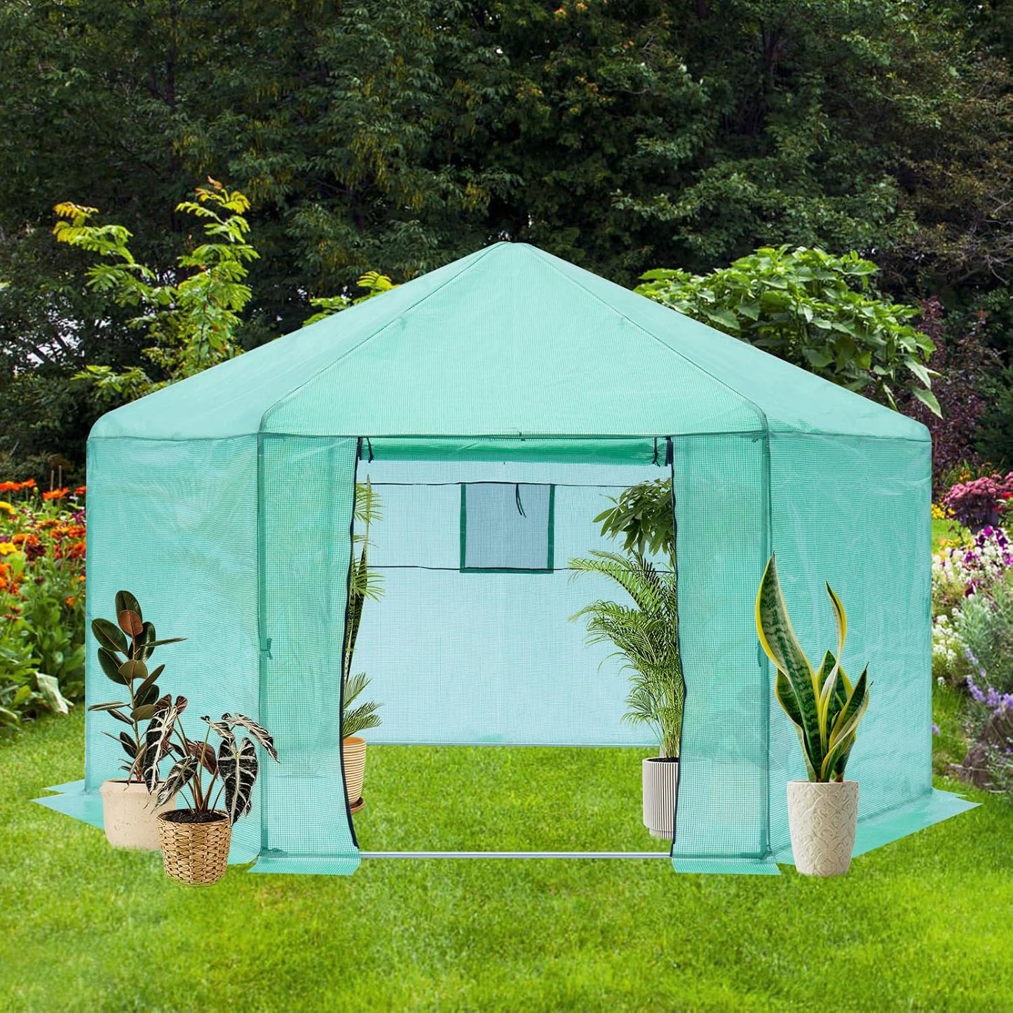 Greenhouse - Walk-in Hexagonal 13.1 * 8.6 ft, Upgraded Reinforced Frame, Heavy-Duty Plastic, Thickened Waterproof & Insulated, Ideal for Extended Growing Seasons