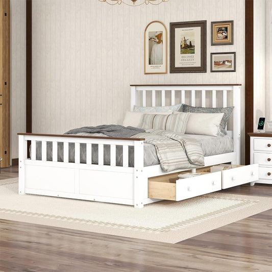 Full Size Wood Platform Bed with Two Drawers and Wooden Slat Support, White+Walnut