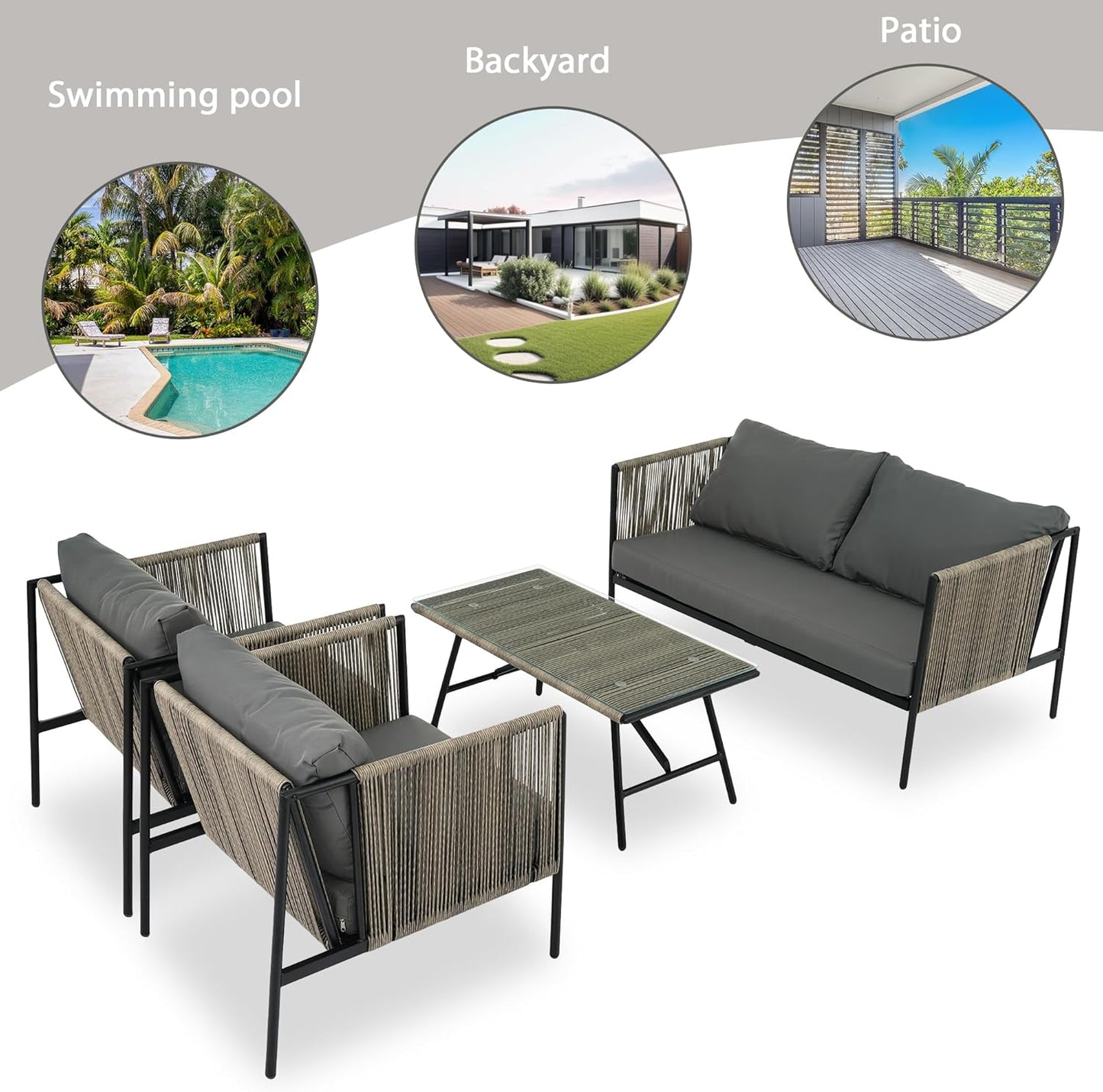 Outdoor Piece Rope Sofa Thick Cushions and Toughened Glass Table, All-Weather Patio Furniture 4 Person with Loveseat, 4PC Set, Gray