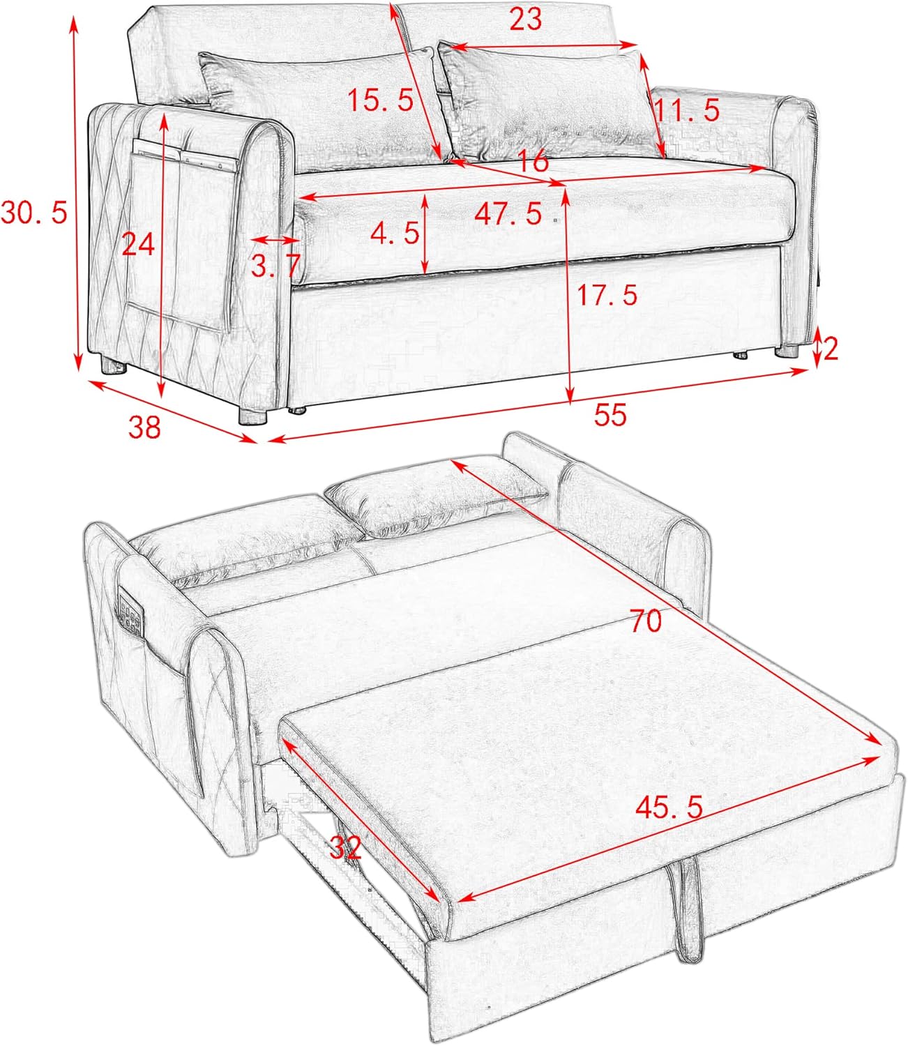 55" Velvet Convertible Sofa Modern Loveseat with Pull-Out Bed, Adjustable Backrest, Detachable Arm Pockets, Grid Design Armrests, and 2 Pillows-Ideal for Living Room, Blue