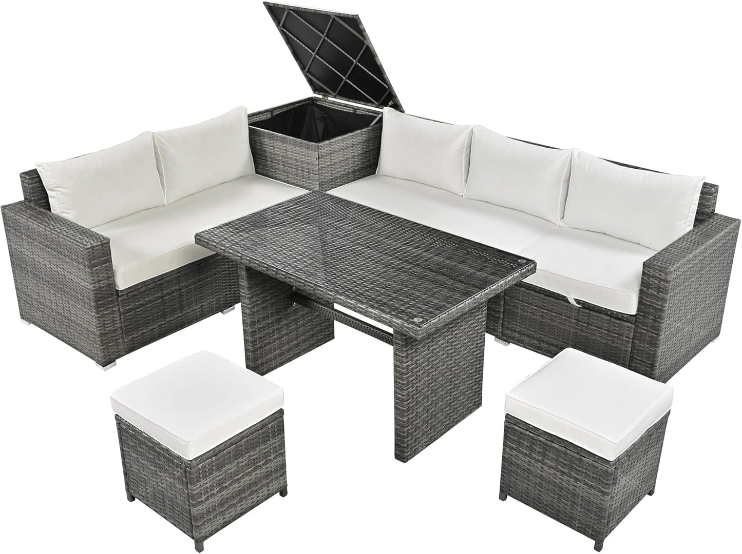 Outdoor 6-Piece All Weather PE Rattan Sofa, Garden Patio Wicker Sectional Furniture Adjustable Seat, Storage Box, Removable Covers and Tempered Glass Top Table, 6PC Set, Beige