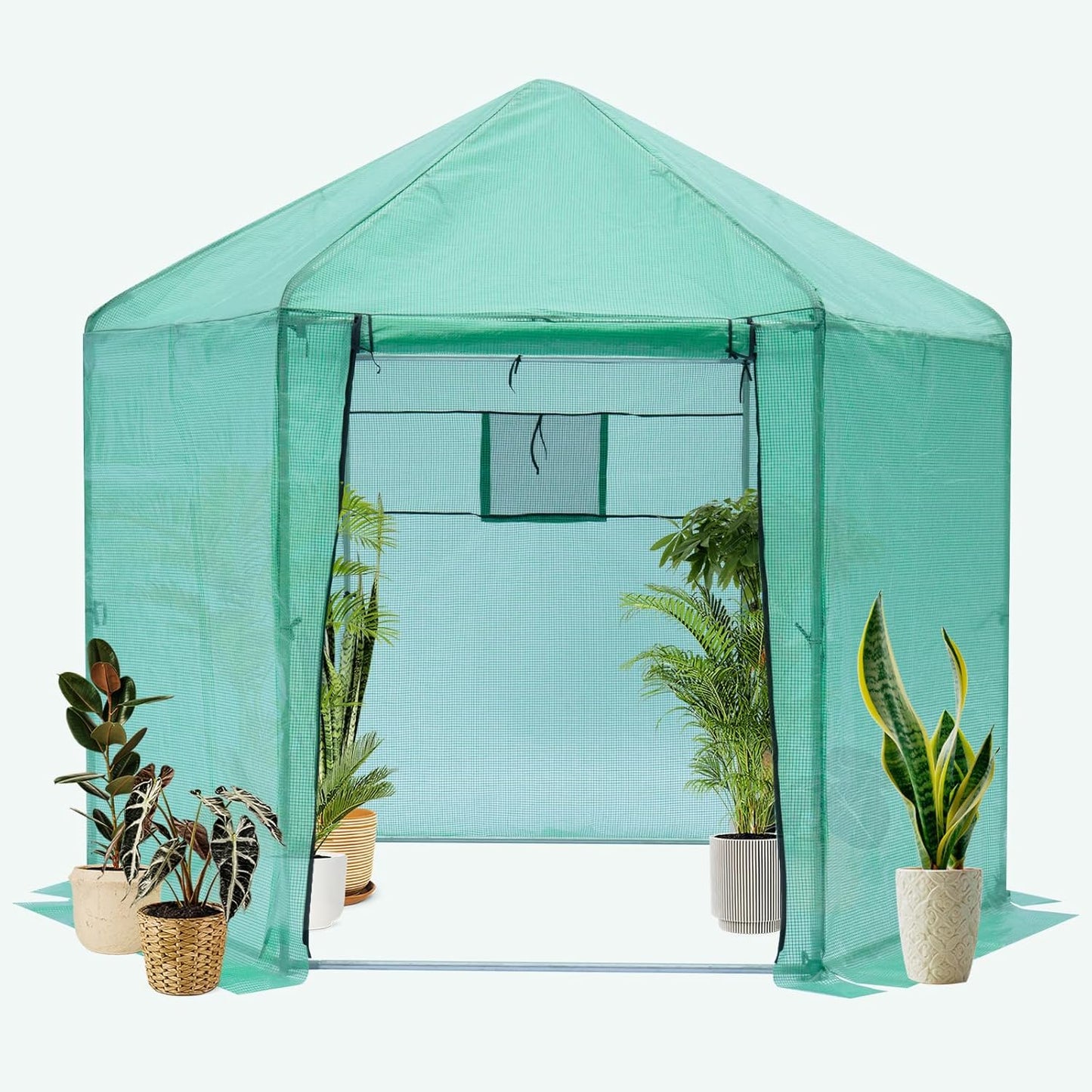 Greenhouse - Walk-in Hexagonal 13.1 * 8.6 ft, Upgraded Reinforced Frame, Heavy-Duty Plastic, Thickened Waterproof & Insulated, Ideal for Extended Growing Seasons