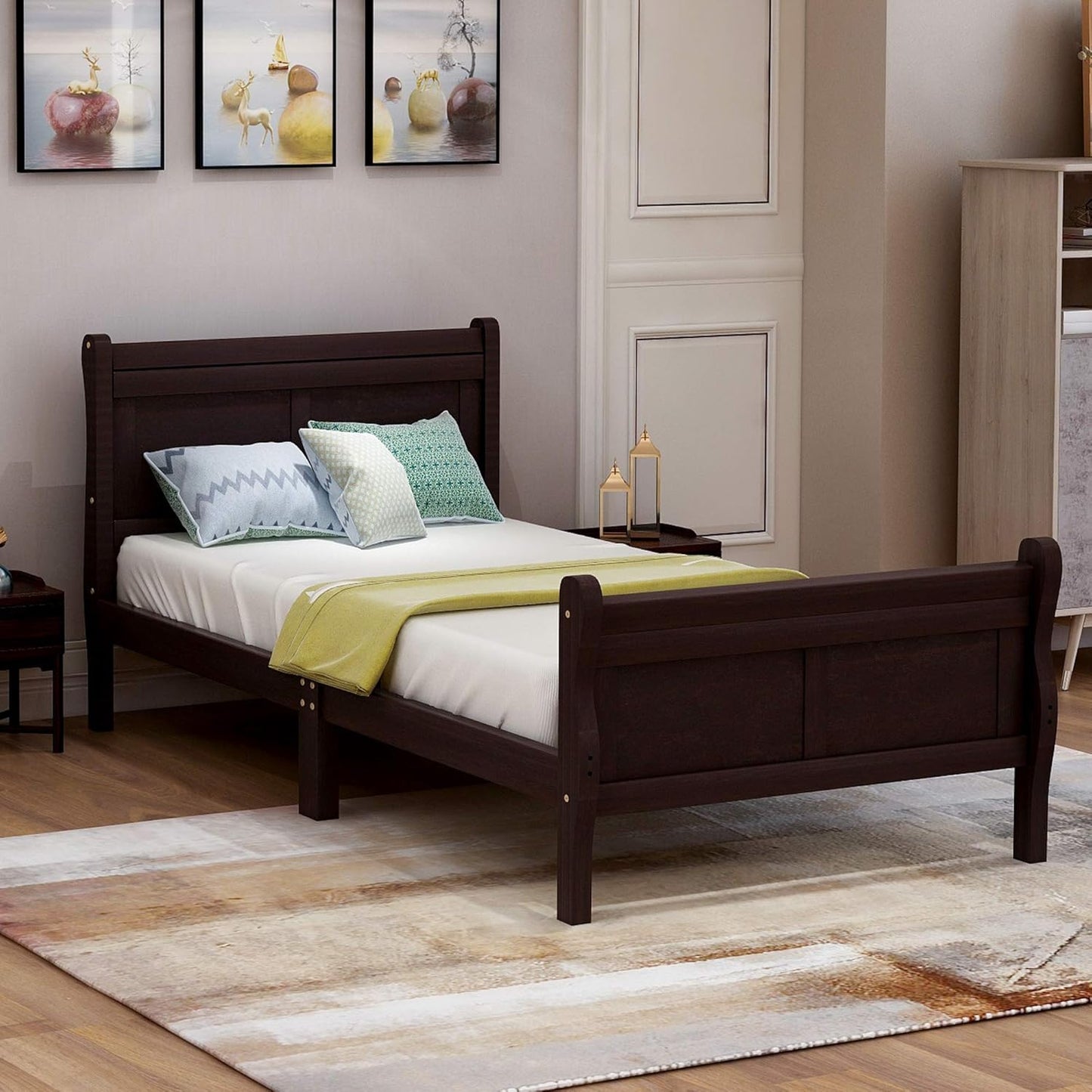 Twin Size Wood Platform Bed with Headboard and Footboard, 100% Pine Wood Frame, Strong Slat Support - Espresso, 80.2”L X 42.9”W X 36.2”H