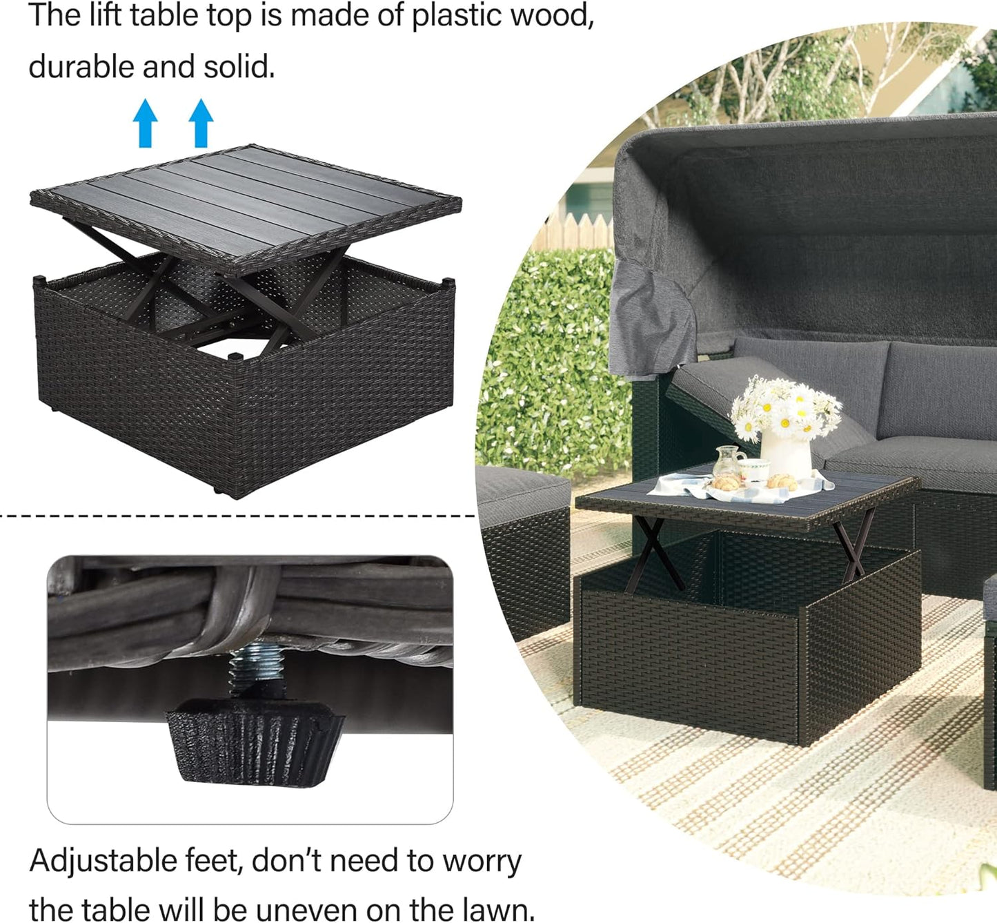 Outdoor Patio Set Daybed Sunbed with Retractable Canopy-Wicker Conversation Furniture, Navy Blue