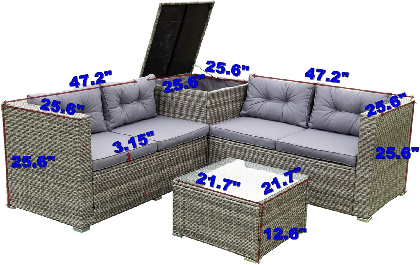 Outdoor 6-Piece All Weather PE Rattan Sofa, Garden Patio Wicker Sectional Furniture Adjustable Seat, Storage Box, Removable Covers and Tempered Glass Top Table, 6PC Set, Beige