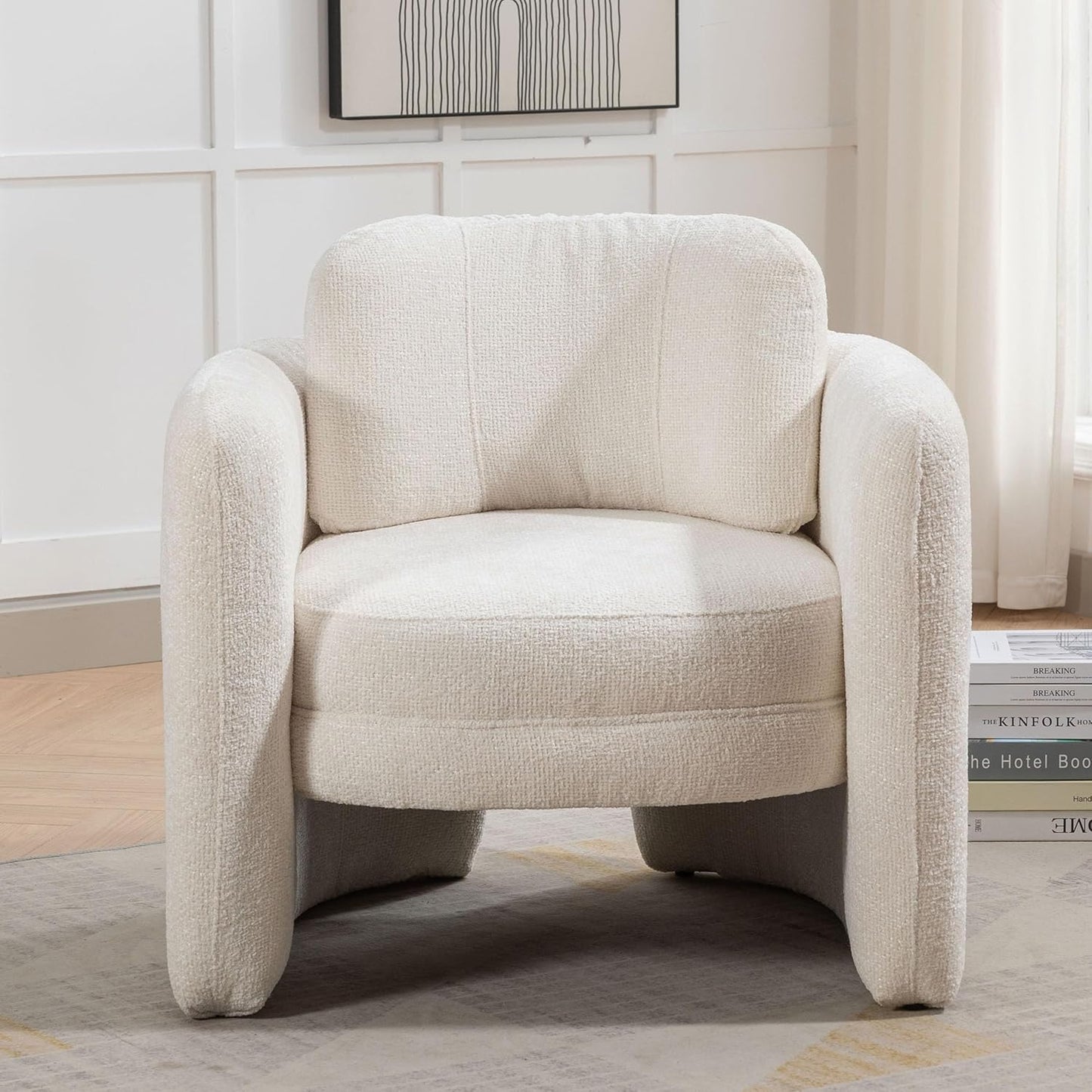 Mid-Century Modern Accent Chair-Barrel Armchair for Living, Bedroom, Office-Versatile & Stylish Seating for Home or Guest Room, 32.3" H, Ivory