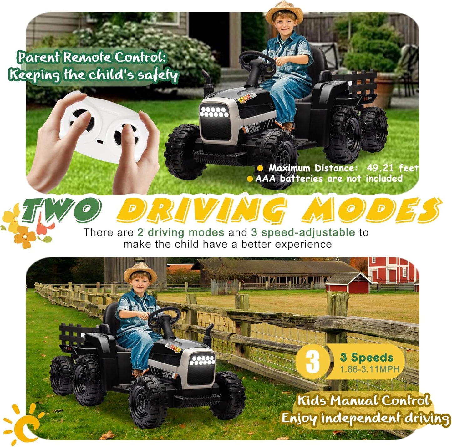 24V Ride On Tractor with Trailer, Ride on Toys for Kids, Dual 200W Motors, 3-Speed, Remote Control, USB/MP3/Bluetooth, LED Lights, Safety Belt, 1.86-4.97 MPH