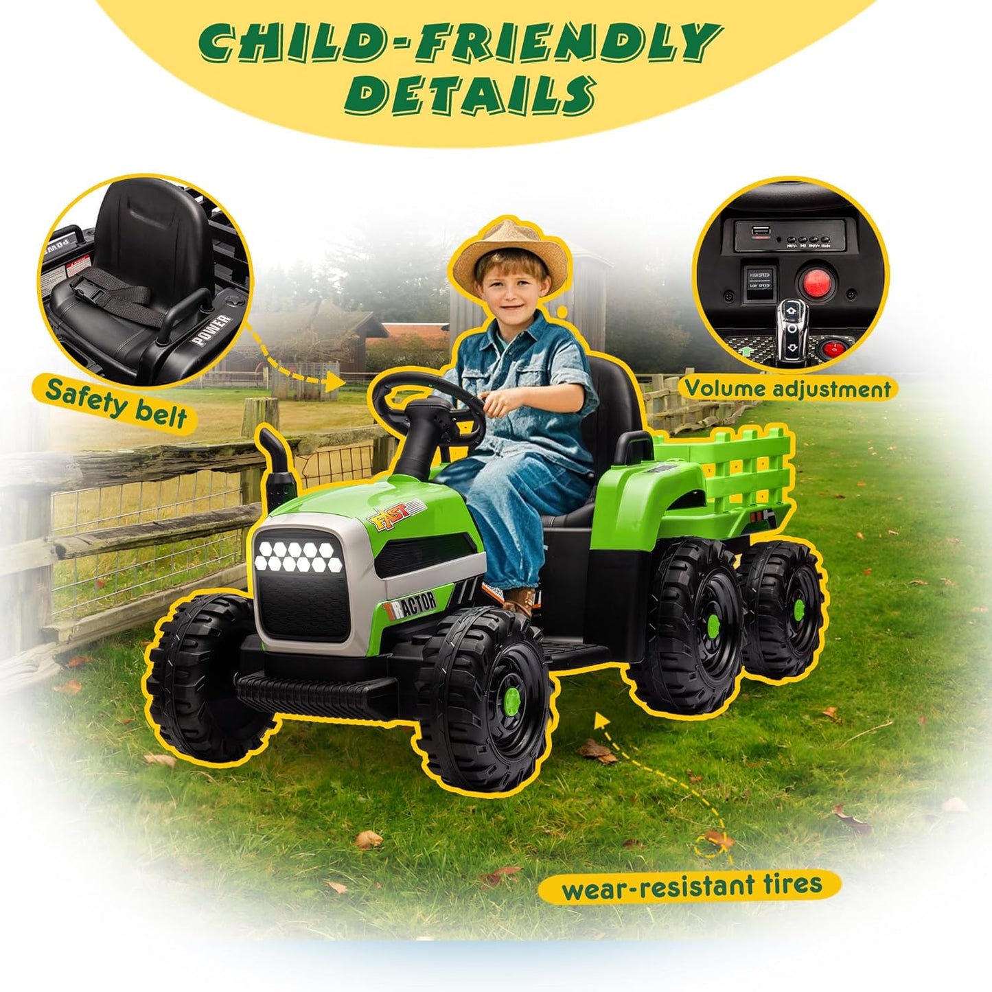 24V Ride On Tractor with Trailer, Ride on Toys for Kids, Dual 200W Motors, 3-Speed, Remote Control, USB/MP3/Bluetooth, LED Lights, Safety Belt, 1.86-4.97 MPH