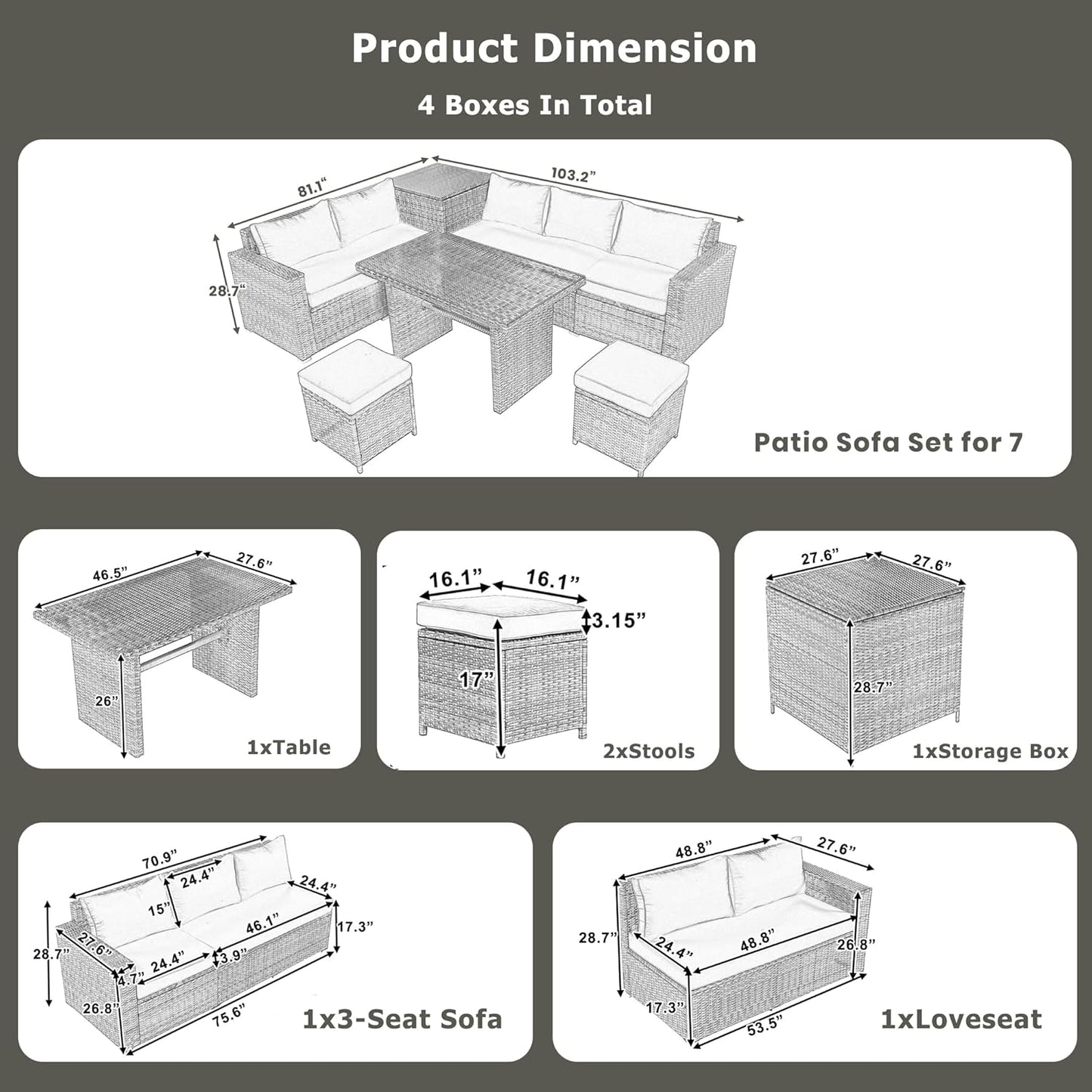 Outdoor 6-Piece All Weather PE Rattan Sofa, Garden Patio Wicker Sectional Furniture Adjustable Seat, Storage Box, Removable Covers and Tempered Glass Top Table, 6PC Set, Beige