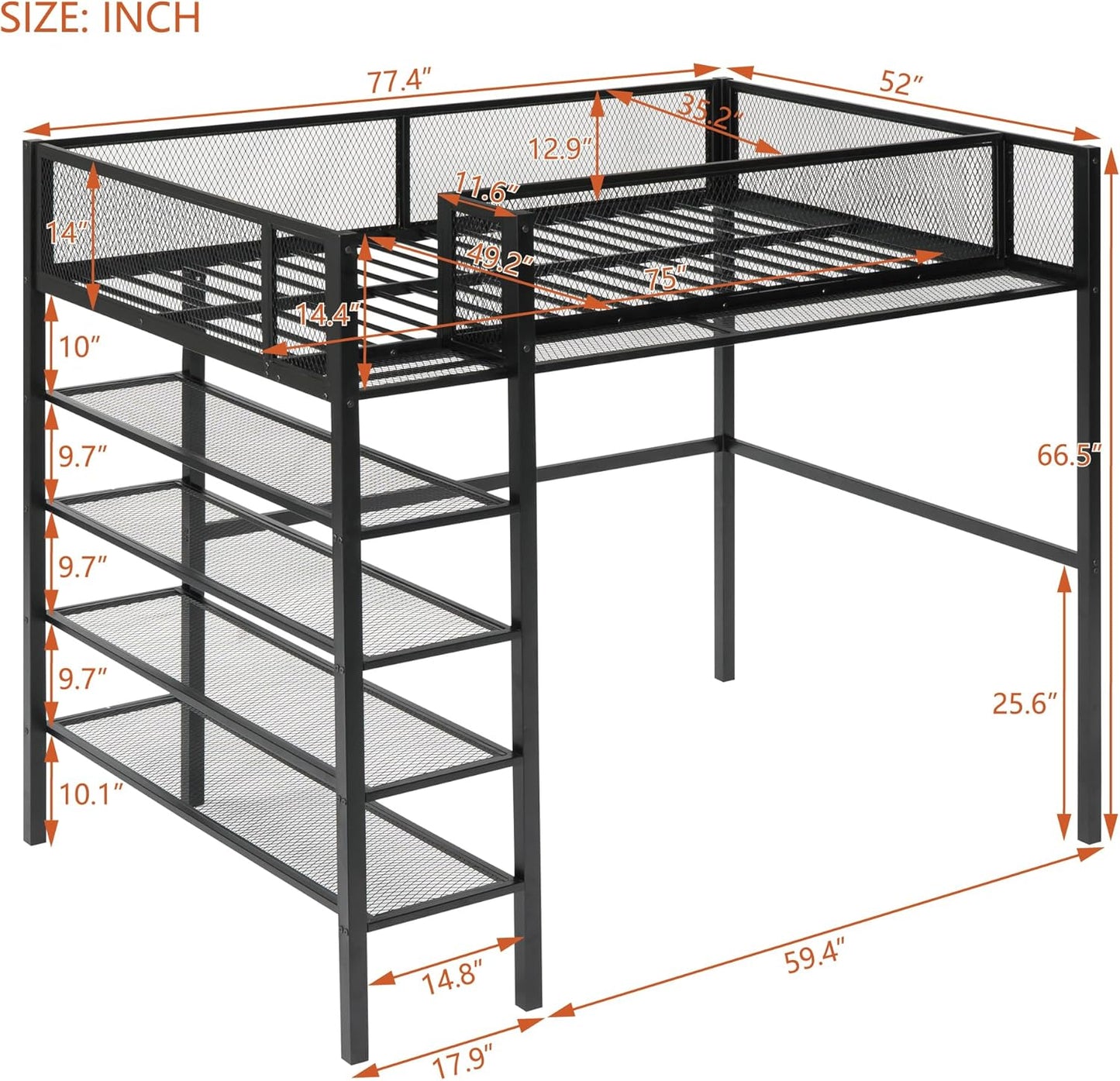 Twin Metal Loft Bed in Elegant Black - Spacious 4-Tier Shelving & Enhanced Storage, Perfect for Home & Dorm Use