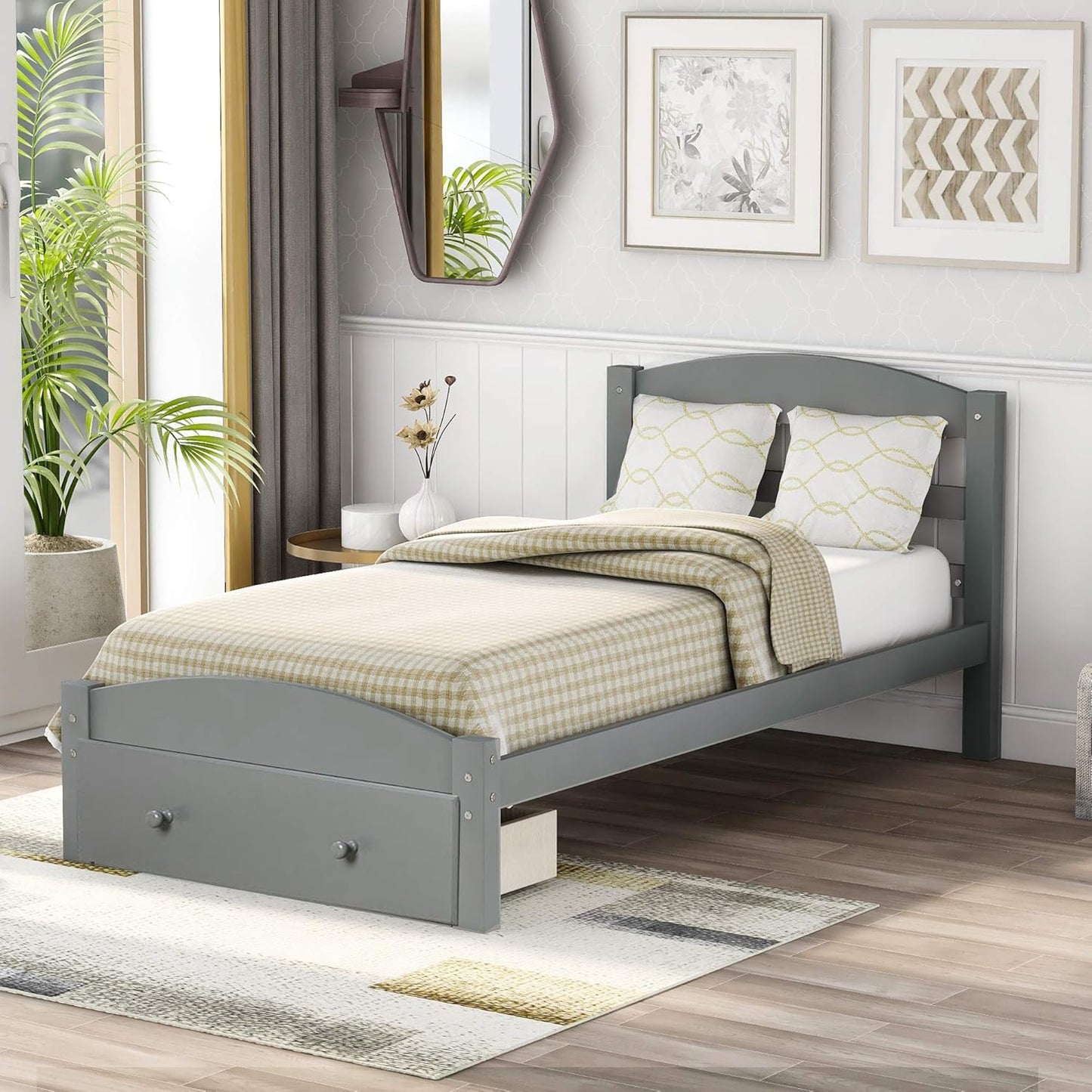 Classic Twin Size Wood Platform Bed with Headboard, Footboard, and Strong Wood Slat Support - Elegant Pink Design, 80”L X 42”W X 43”H