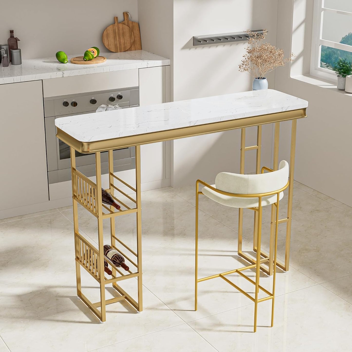 Straight Shelves Modern Golden Double Pedestal-Multifunctional Breakfast Table for Kitchen, Dining, Pub, and High Top Bar Areas, 55.1 inch, White+Gold