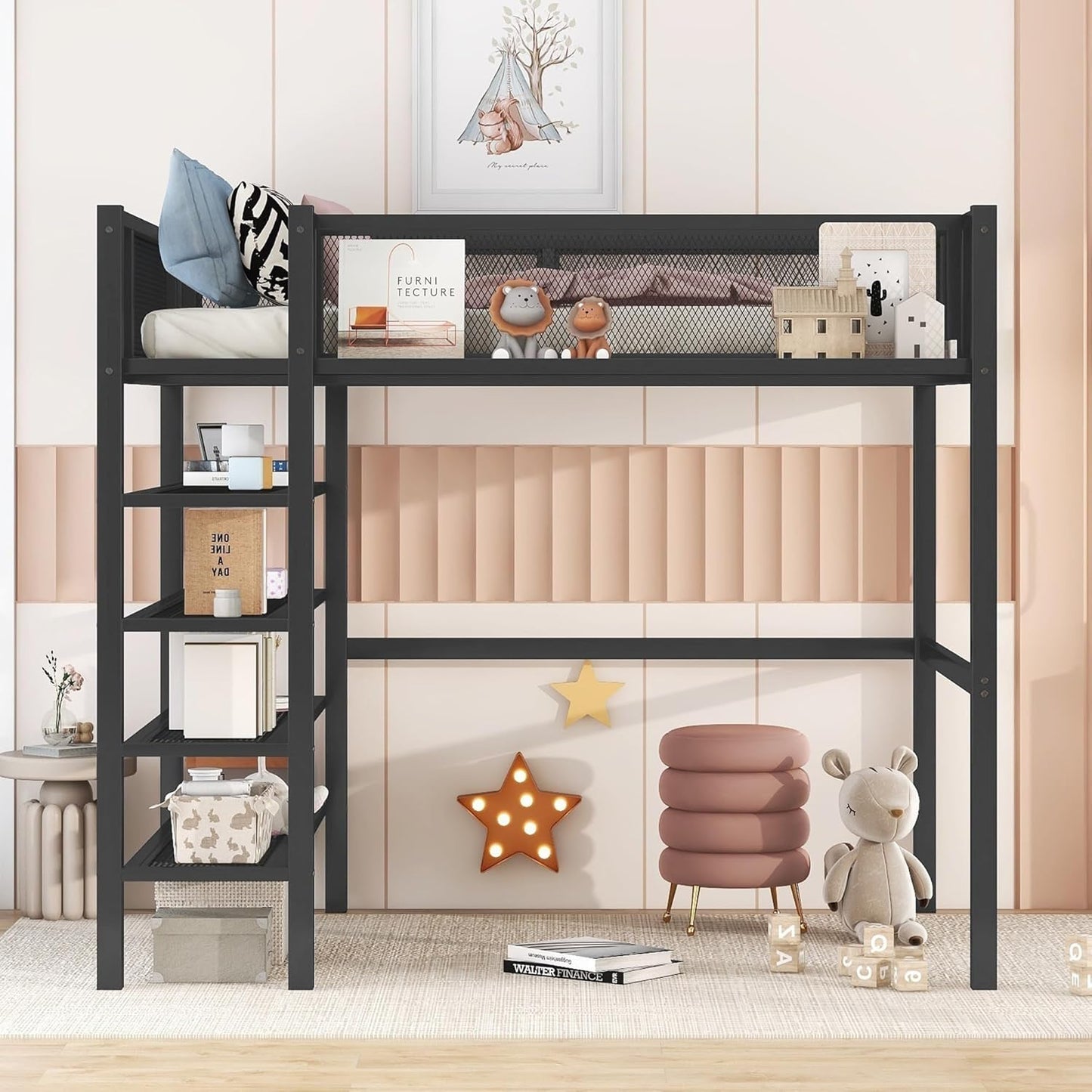 Twin Metal Loft Bed in Elegant Black - Spacious 4-Tier Shelving & Enhanced Storage, Perfect for Home & Dorm Use