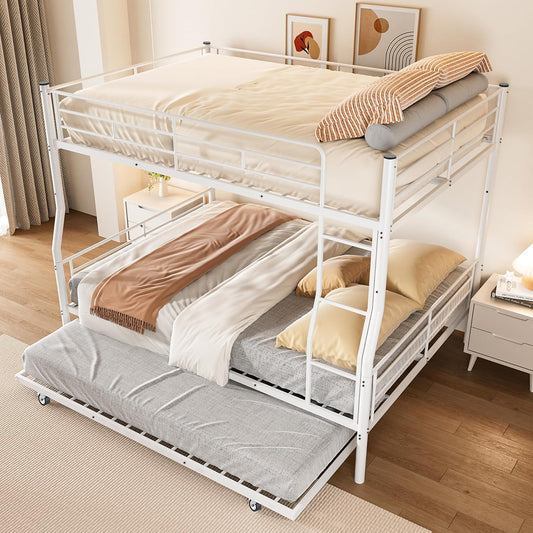 Full XL Over Queen Metal Bunk Bed with Trundle, Sturdy Queen Bed Frame with Full Length Guardrail & Ladder, Convertible to 3 beds, Heavy-Duty Frame Bunk Bed for Kids Teens Adults, White