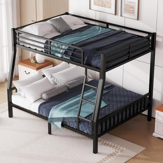 Full XL Over Queen Bunk Beds for Adults, Heavy-Duty Metal Bunk Bed Frame with PVC Rubber Cover Ladders and Safety Full-Length Guardrails for Kids Teens Adults, Space-Saving, Black