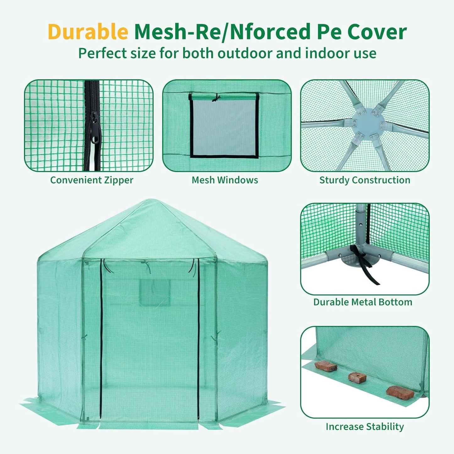 Greenhouse - Walk-in Hexagonal 13.1 * 8.6 ft, Upgraded Reinforced Frame, Heavy-Duty Plastic, Thickened Waterproof & Insulated, Ideal for Extended Growing Seasons