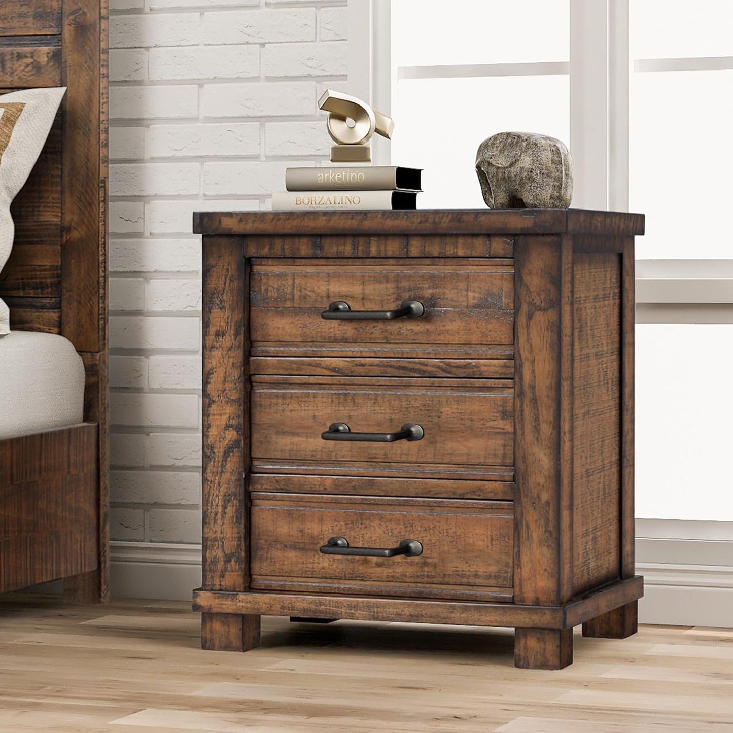 Rustic Farmhouse Nightstand with 3 Drawers-Reclaimed Solid Wood Bedside Table, Durable & Eco-Friendly Bedroom Furniture, 17" D x 24" W x 25.6" H, Brown