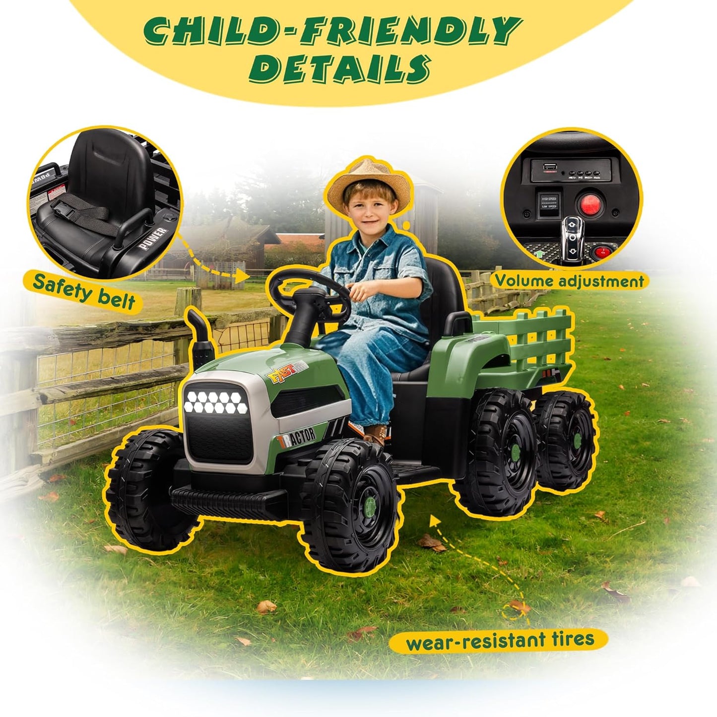 24V Ride On Tractor with Trailer, Ride on Toys for Kids, Dual 200W Motors, 3-Speed, Remote Control, USB/MP3/Bluetooth, LED Lights, Safety Belt, 1.86-4.97 MPH