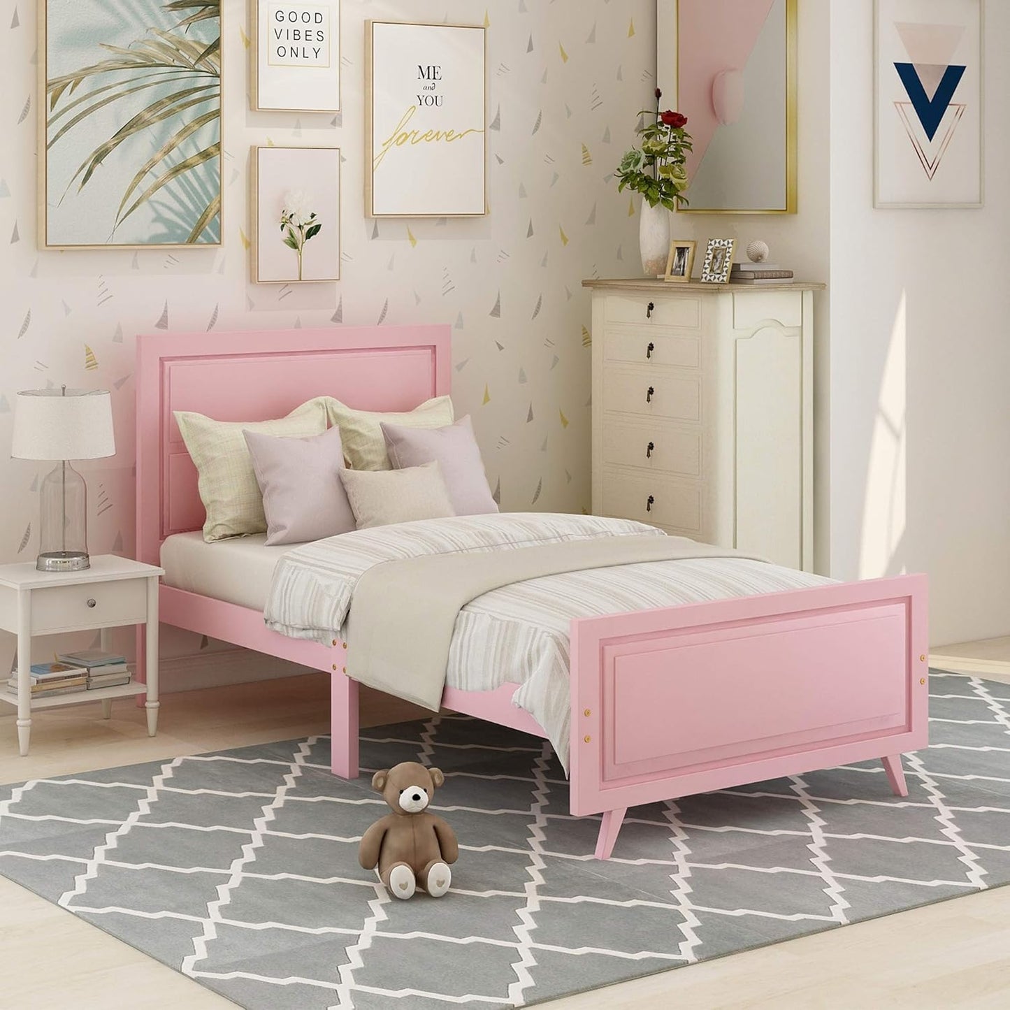 Classic Twin Size Wood Platform Bed with Headboard, Footboard, and Strong Wood Slat Support - Elegant Pink Design, 80”L X 42”W X 43”H