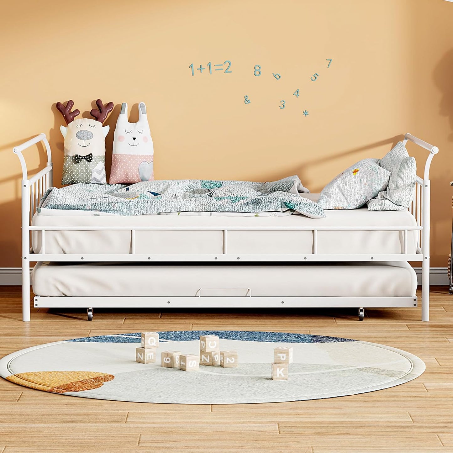 Full Size Metal Daybed - White, Elegant Curved Handle Design, Includes Convenient Pull-Out Twin Trundle