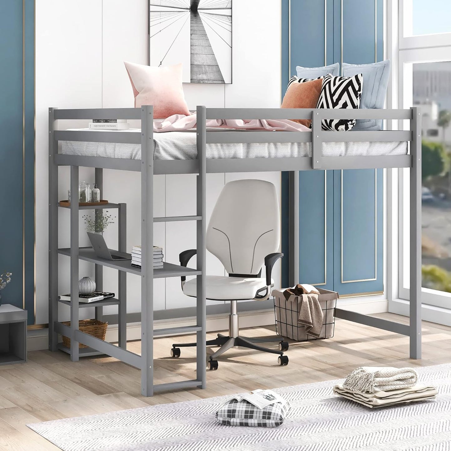 White Full-Size Loft Bed with Integrated Desk and Shelving Units, Space-Saving Design for Home and Dorm Use