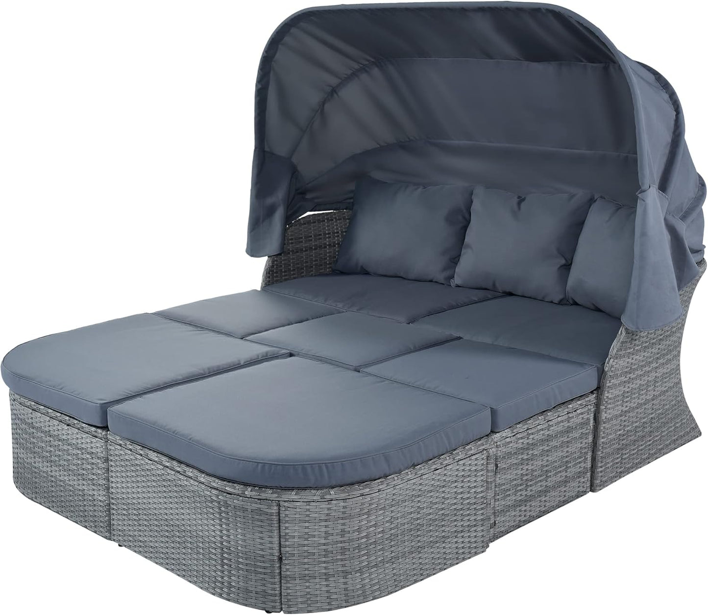 Outdoor Patio Set Daybed Sunbed with Retractable Canopy-Wicker Conversation Furniture, Navy Blue