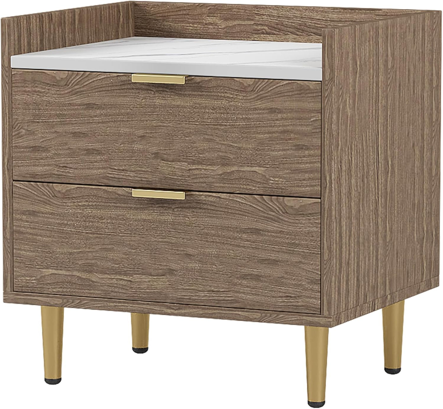 Wooden Nightstand with 2 Drawers and Marbling Worktop, Mordern Wood Bedside Table with Metal Legs&Handles,Walnut