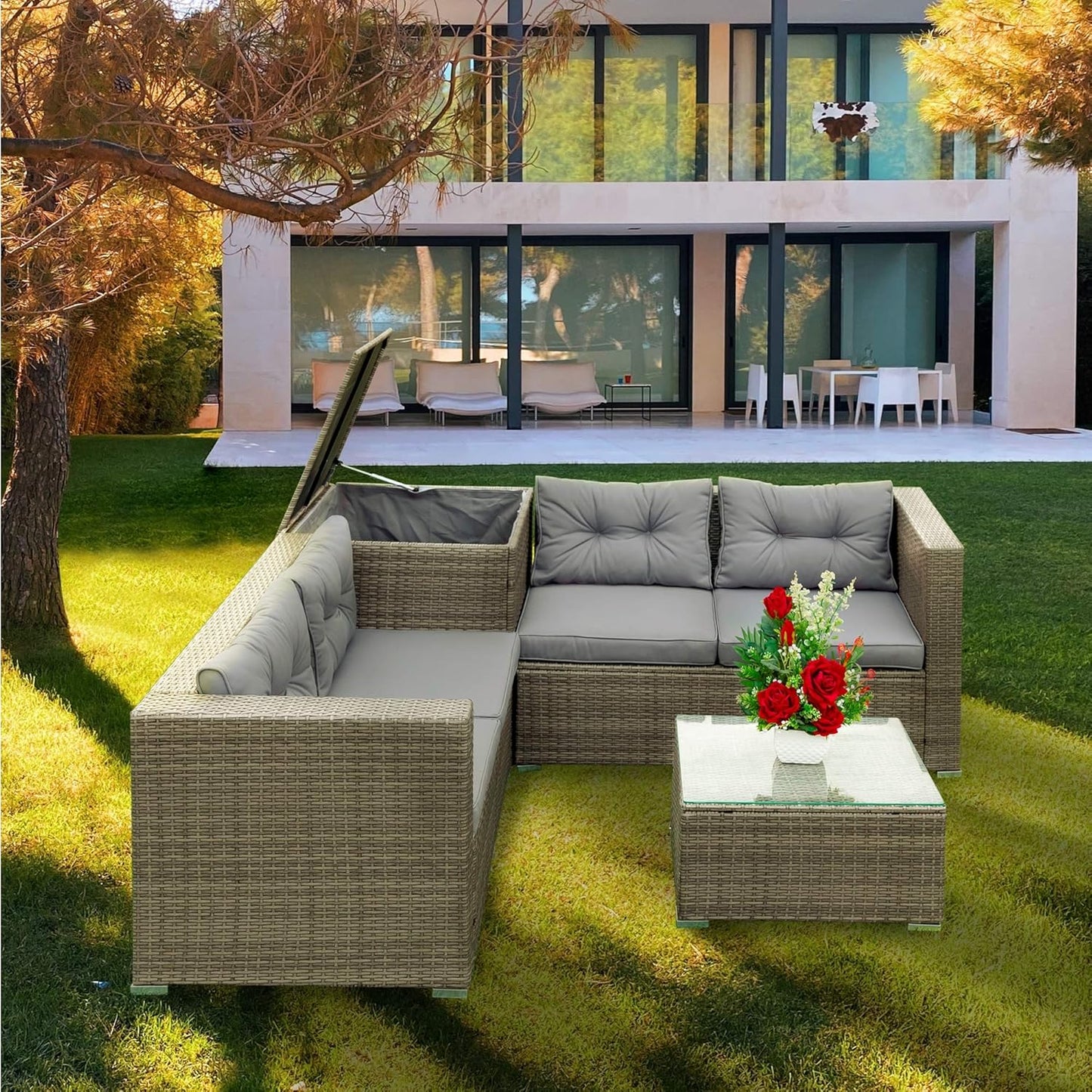 Outdoor 6-Piece All Weather PE Rattan Sofa, Garden Patio Wicker Sectional Furniture Adjustable Seat, Storage Box, Removable Covers and Tempered Glass Top Table, 6PC Set, Beige