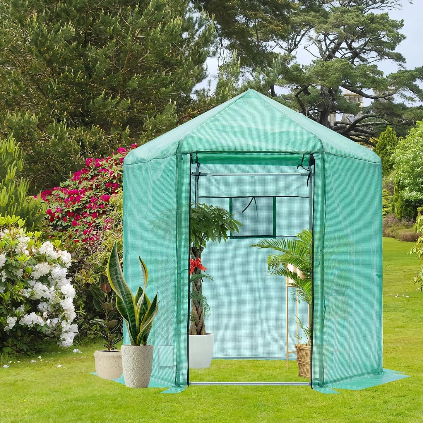 Greenhouse - Walk-in Hexagonal 13.1 * 8.6 ft, Upgraded Reinforced Frame, Heavy-Duty Plastic, Thickened Waterproof & Insulated, Ideal for Extended Growing Seasons