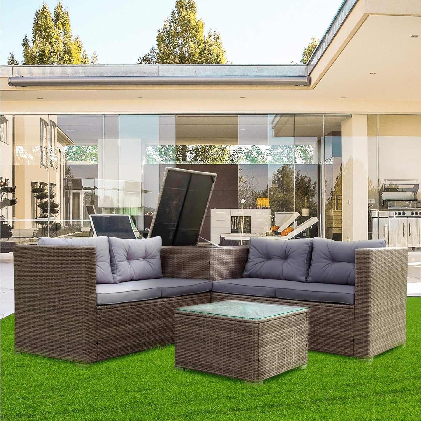 Outdoor 6-Piece All Weather PE Rattan Sofa, Garden Patio Wicker Sectional Furniture Adjustable Seat, Storage Box, Removable Covers and Tempered Glass Top Table, 6PC Set, Beige