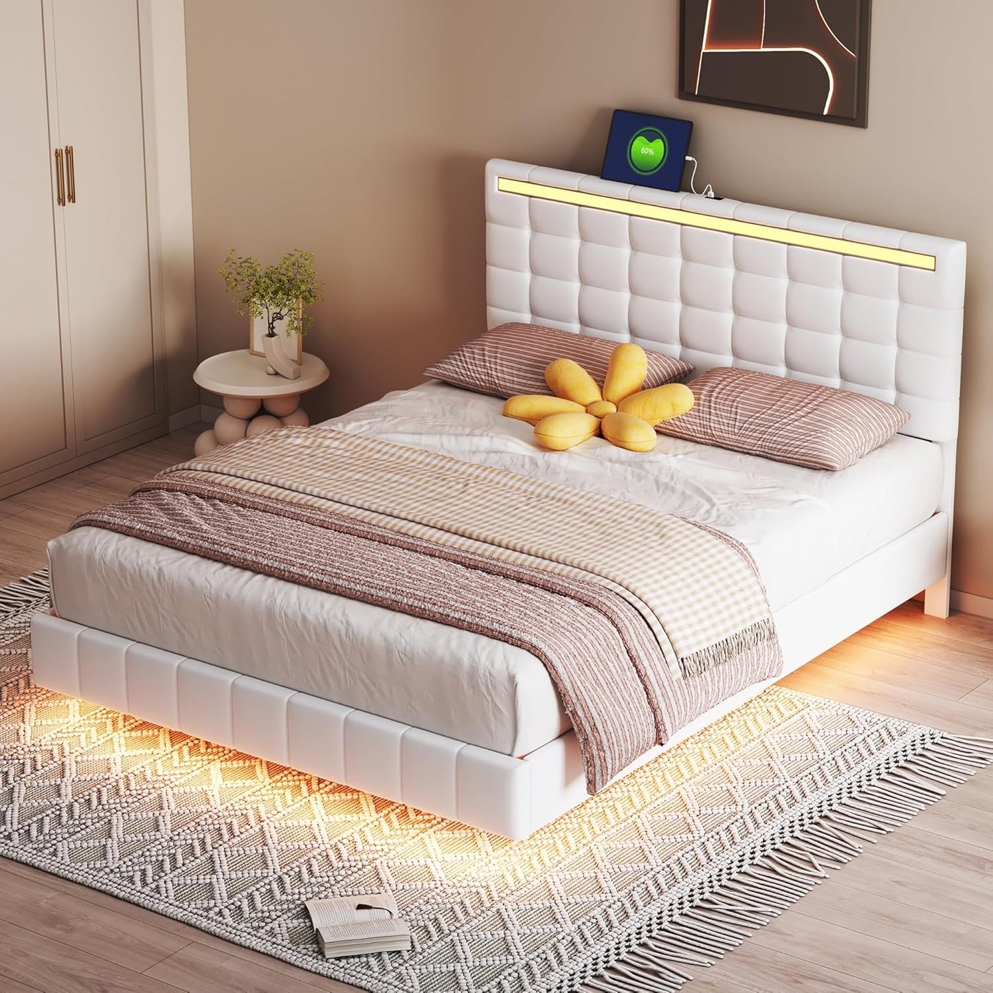 Queen Size Floating Lights and USB Charging,Modern Upholstered Platform LED Bed Frame,Black, Black2