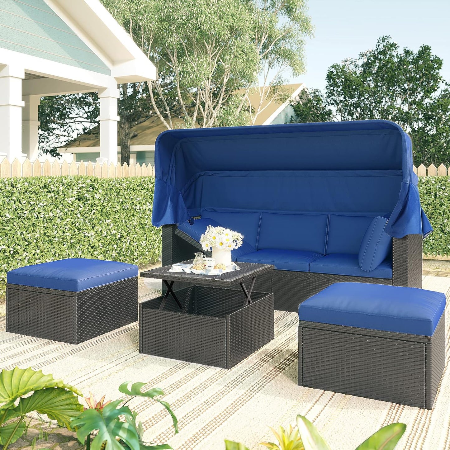 Outdoor Patio Set Daybed Sunbed with Retractable Canopy-Wicker Conversation Furniture, Navy Blue